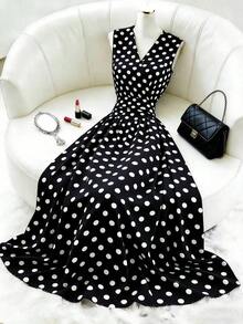 Vestido de lunares negros y blancos para mujer, primavera/verano - Blanco y Negro - Ver 5