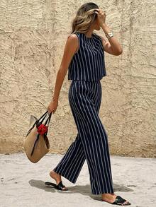 Conjunto de 2 piezas de top de tirantes casual a rayas y pantalones rectos para mujer, para verano - Azul marino - Ver 2