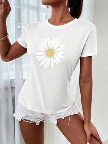 Camiseta de manga corta con estampado floral, camiseta informal con cuello redondo y estampado floral para mujer, camisetas gráficas para mujer - Blanco - Ver 5