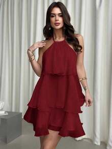 Vestido de vuelo con cuello halter, espalda descubierta y dobladillo con volantes de organza blanco, elegante y romántico para el Día de San Valentín - Vestido de muñeca de fantasía - Rojo - Ver 3