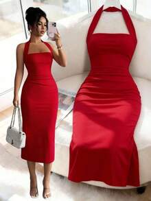 Vestido de mujer de longitud media elegante, adecuado para vacaciones, reuniones diarias, fiestas y eventos de cóctel de verano - Rojo - Ver 9