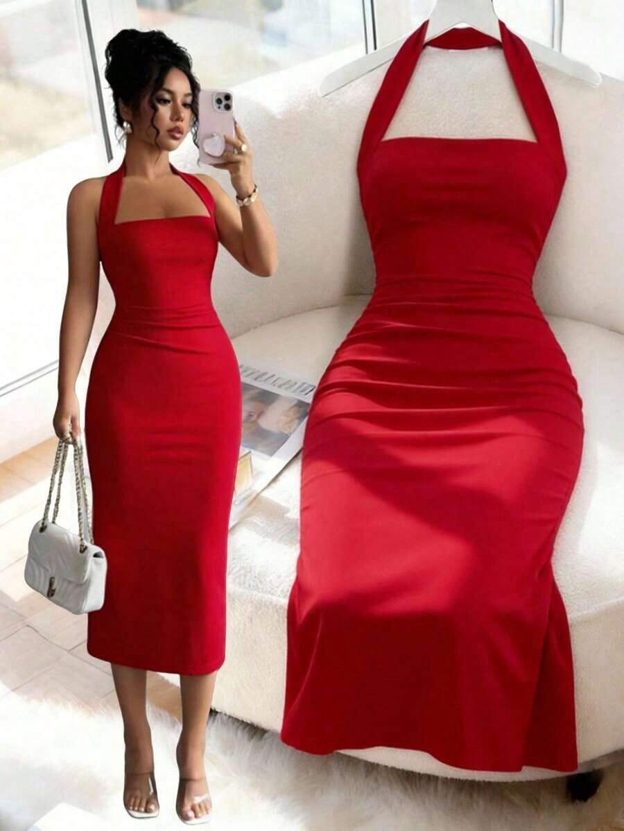 Elegant Mid-Length Women's Dress, Suitable For Vacations, Daily Gatherings, Parties And Cocktail Events, Summer Pink - 紅色 - 查看 1
