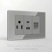 Panel de vidrio templado gris de 2x4 pulgadas montado en la pared con dos tomas NEMA 5-15R yódulos de enchufe intercambiables adecuados para EE.UU./Reino Unido/Italia. - Interruptor de 1 vía y 1 módulo - Ver 3