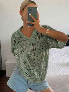 Women's Short-Sleeved Polo Shirt, Loose Fit, Textured And Openwork Fabric, For Summer - Hijau Tentara - View 5
