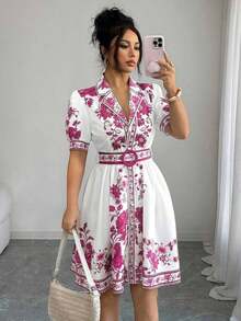 Conjunto de vestido corto de manga corta con cintura ceñida y estampado floral azul y blanco, elegante y romántico para vacaciones, primavera/verano - Multicolor 2 - Ver 3