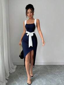 Vestido minimalista asimétrico y ajustado con lazo para mujer, primavera/verano - Azul marino - Ver 3
