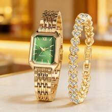 SOKI Reloj de mujer de moda retro con esfera cuadrada de cuarzo, con conjunto de pulsera, accionamiento electrónico y pantalla de puntero, adecuado para uso diario, regreso a la escuela, verificación de la hora, regalo de cumpleaños, también una opción ideal para amigos - Dorado - Ver 3