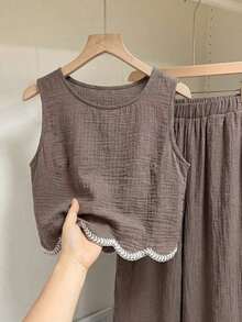 Frenchy Conjunto de 2 piezas de top sin mangas de cuello redondo a cuadros y pantalones para mujer - Óxido marrón - Ver 3