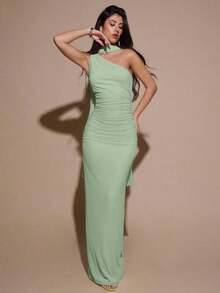 Vestido de malla ajustado con drapeado asimétrico, elegante y sexy vestido de gala para fiesta, boda, cumpleaños, Navidad, Halloween - Amarillo claro - verde menta - Ver 6