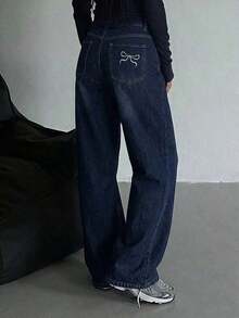 Jeans rectos con bordado de lazo para mujer - Azul lavado oscuro - Ver 4