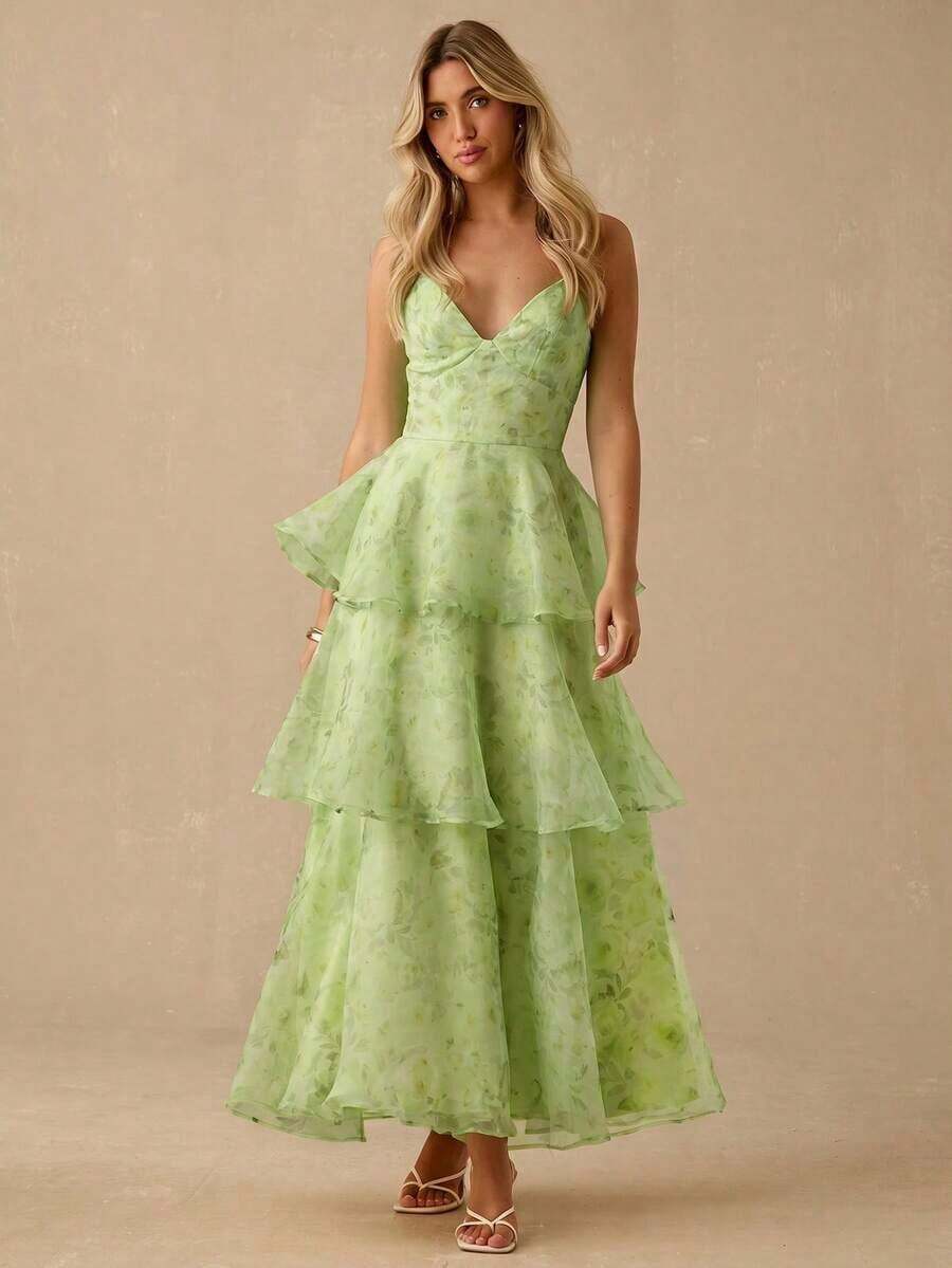 Vestido sin espalda sin mangas con estampado todo sobre todo de verano para mujer - verde menta - Ver 1