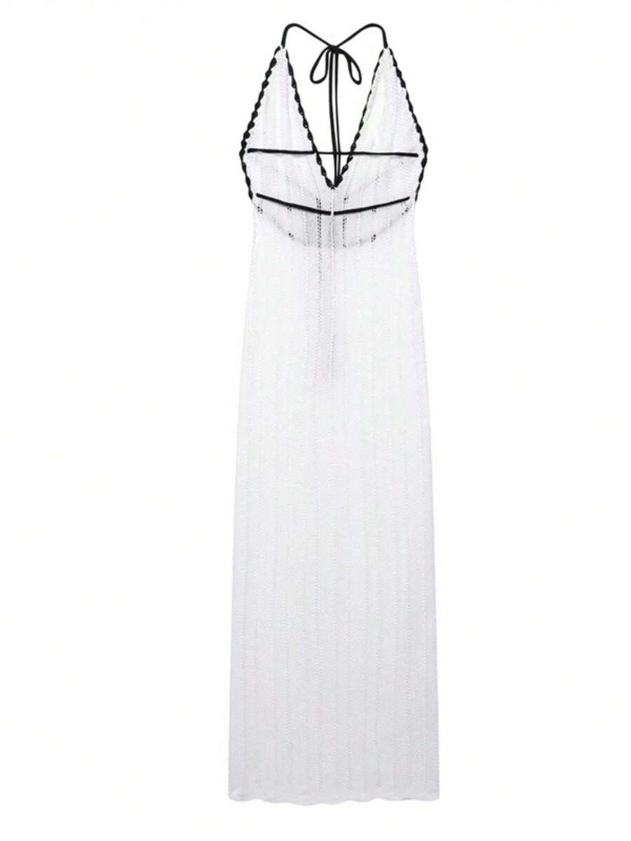 New Fashionable Temperament With Open Straps And Slightly Transparent Design Deep V-Neck Dress - White - View 1
