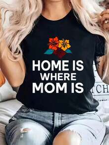 100% algodón Camiseta de talla grande para mujer "El hogar es donde está la mamá" Camiseta con estampado de mamá Camiseta de manga corta con cuello redondo para mujer Camisetas gráficas de moda para mujer - Negro - Ver 1
