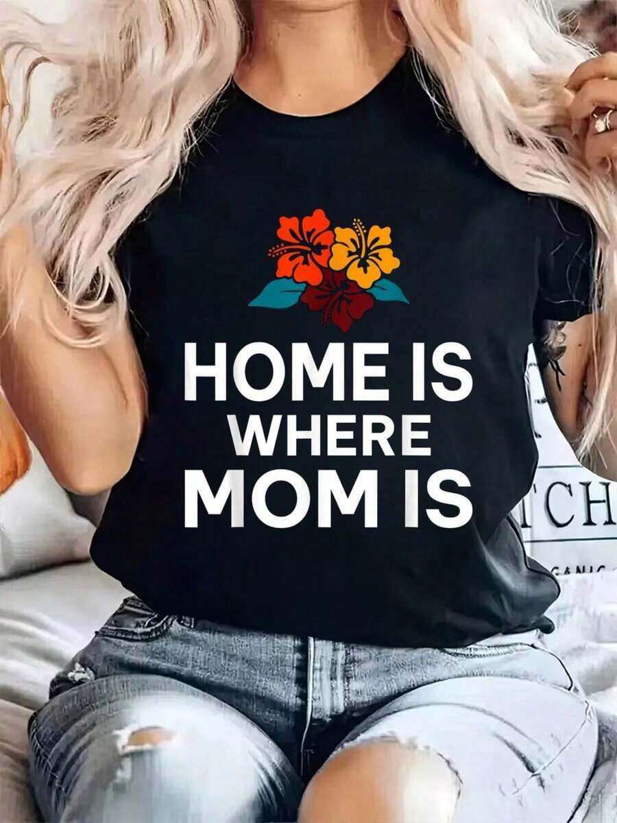 100% algodón Camiseta de talla grande para mujer "El hogar es donde está la mamá" Camiseta con estampado de mamá Camiseta de manga corta con cuello redondo para mujer Camisetas gráficas de moda para mujer - Negro - Ver 1