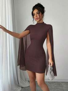 Vestido de capa ajustada con cuello mao de unicolor - Marrón - Ver 7