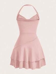 Vestido Rojo De Punto Sin Mangas Con Cuello Halter Y Doble Capa, Ajustado Para Mujer - Rosa vieja - Ver 2