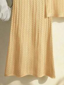 Conjunto de dos piezas de vestido maxi de punto hueco de unicolor vintage elegante para mujer, conjunto casual para ciudad, vacaciones y playa en verano - Amarillo claro - Ver 7