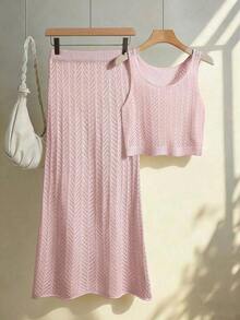 Conjunto de dos piezas de vestido maxi de punto hueco de unicolor vintage elegante para mujer, conjunto casual para ciudad, vacaciones y playa en verano - Rosa - Ver 3
