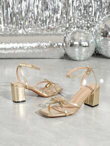 Square Toe Thick High Heel Strap Sandals, Elegant And Suitable For Banquets And Parties, Fashionable And Versatile Women's Sandals - Gold - View 7