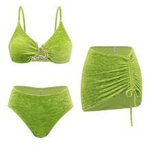 Swim  3pcs/Set Summer Vacation Sexy Textured Fabric Gold Accessory Camisole, Bikini & Drawstring Bodycon Mini Skirt Set For Women - Naranja - Ver 6