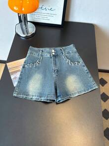 ALO FASHION Shorts vaqueros casuales y bonitos para mujer con decoración de malla metálica con diamantes, pierna recta, corte alto elástico, estilo fiesta. - azul real - Ver 4