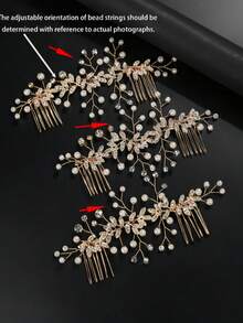 1pc Adjustable Pearl Beaded Hair Comb, Silver Crystal Bridal Hair Accessory With Leaves, Suitable For Women Wedding - Gold - View 2