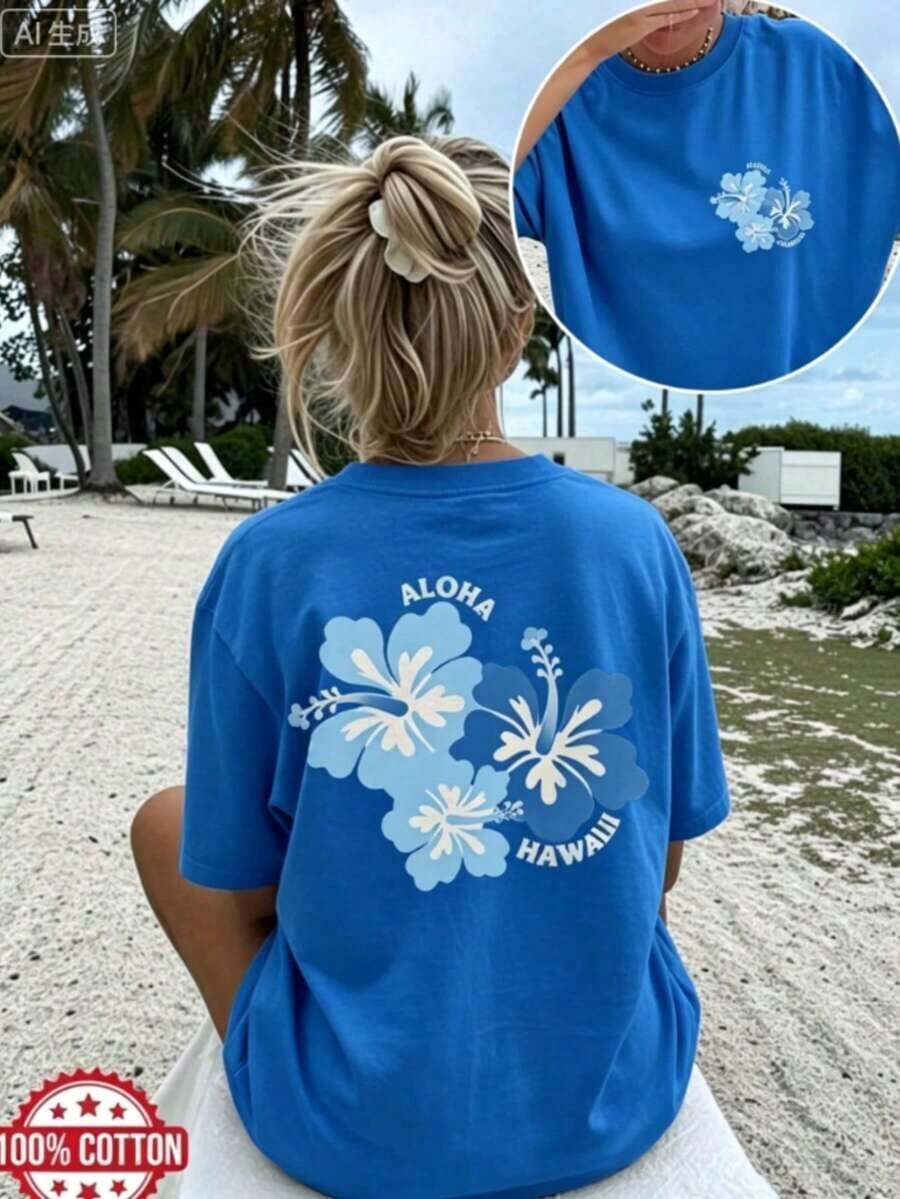 Camiseta de Playa de Verano para Mujer, Alta Elasticidad, Talla Grande, Corte Holgado Casual, Cuello Redondo, Manga Corta| "FEELING SALTY" Estampado de Esqueleto Surfista, Camiseta de Playa Lavable a Máquina, Ropa de Verano para Vacaciones en la Playa, Moda Relajada, Camiseta Transpirable, Camiseta Original, Ropa de Playa para Mujer, Camiseta de Invierno - Azul - Ver 1