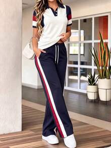 春秋女款新款 Polo 領短袖拼色 T 恤 & 休閒日常鬆緊腰寬鬆長褲 2 件套，夏季運動白色 - 白色 - 查看 5