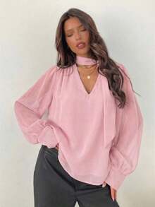 Blusa de mujer bohemia, romántica y elegante con cuello en V profundo, manga larga y lazo, para uso diario.Blusa elegante para mujer, ideal para primavera, el Día de San Valentín y salidas, en color blanco. - Rosa - Ver 5