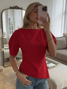 HH Blusa con mangas de pétalo y cintura ceñida, Vestido de fiesta de unicolor de manga corta y cuello redondo ajustado, Ropa de mujer asimétrica de verano - Rojo - Ver 11