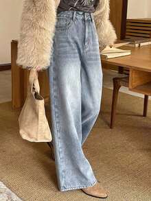 Jeans rectos de cintura alta y holgados que estilizan, minimalistas y versátiles, pantalones cómodos de longitud tobillera para mujeres - Azul - Ver 4