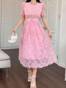 Vestido elegante de encaje de alta calidad con cintura ajustable, bordado, de estilo coreano suave y elegante - Rosa - Ver 3