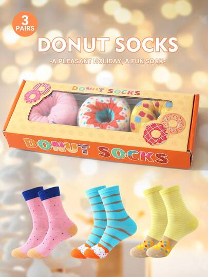 CREATOR SOCKS 3 Pairs Of Funny Donut Mid-Calf Socks, Cute And Novel Food-Like Chocolate Creative Gift Box Design, Crazy Socks, Socks For Men/Women, Can Be Given As A Surprise Gift For Birthdays/Parties/Family Days/Weddings/Father's Day