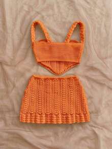 2 piezas Conjunto de top sin espalda de crochet y falda de cintura baja sexy para vacaciones, adecuado para festival de música, estilo bohemio, vacaciones, citas, té de la tarde - Naranja - Ver 2