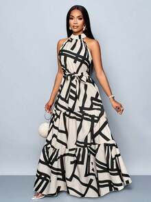 Vestido largo de mujer con estampado floral en todo el vestido, estilo halter con cinturón, fluido para vacaciones - Albaricoque - Ver 6