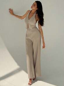 Top sin mangas con cuello en V y espalda abierta para mujer de oficina en primavera/verano y pantalones anchos de pierna, conjunto de estilismo adelgazante y alargador para ropa casual - Caqui - Ver 5