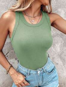ChicMe Top básico de punto acanalado con cuello redondo, ajustado, sin mangas, con sujetador incorporado, elegante y casual, color blanco para el verano - verde menta - Ver 6
