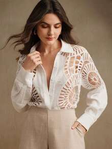 Camisa de mujer con cuello versátil de encaje soluble y empalme hueco, para primavera/verano - Blanco - Ver 3