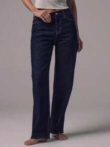 Jeans de tiro medio con pierna recta, lavado azul oscuro, tiro alto, de uso casual, para salir por la noche, volver al colegio, oficina, citas, básicos de denim, elegantes para primavera y verano - Azul marino - Ver 3