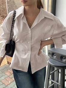 Camisa ajustada con cuello a rayas para mujer, de estilo casual de negocios, color azul, manga larga para primavera/verano/otoño - Caqui - Ver 1