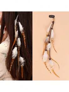 1pc Feather Hair Clip, Feather Hair Extension, Feather Product, Hair Accessory, Hair Claw Clip, With Random Color Beads - Multicolor - View 2