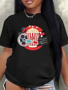 Camiseta de Manga Corta de  con Diseño de Palomitas de Cine y Carrete de Película, Ligera y Duradera para Uso Casual en Casa o al Cine, Ajuste Cómodo para Uso Diario - Negro - Ver 1