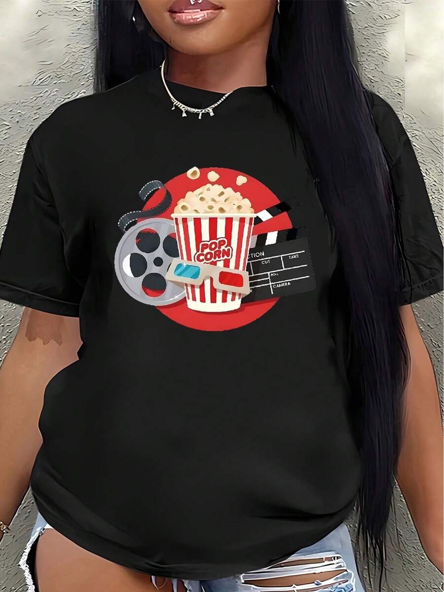 Camiseta de Manga Corta de con Diseño de Palomitas de Cine y Carrete de Película, Ligera y Duradera para Uso Casual en Casa o al Cine, Ajuste Cómodo para Uso Diario - Negro - Ver 1