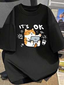Camiseta Minimalista  Hombre con Estampado de Gato - algodón, Manga Corta, Cuello Redondo, Corte Holgado, Diseño de Gatito |       Ropa Casual Transpirable  Verano, Ideal  Looks Diarios y Capas - Negro - Ver 1