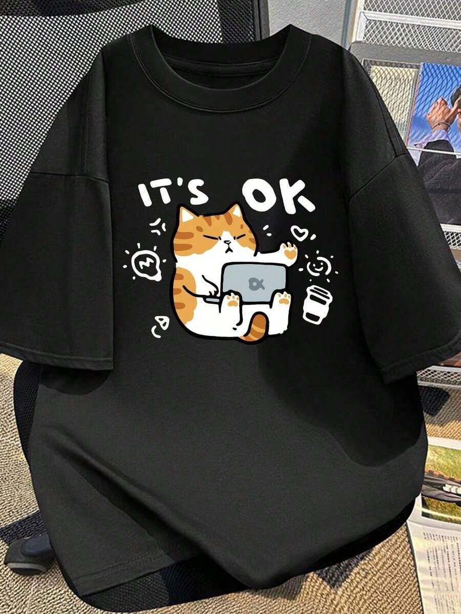 Camiseta Minimalista Hombre con Estampado de Gato - algodón, Manga Corta, Cuello Redondo, Corte Holgado, Diseño de Gatito | Ropa Casual Transpirable Verano, Ideal Looks Diarios y Capas - Negro - Ver 1