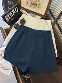 Shorts de mujer de cintura alta de color gris oscuro minimalista y de moda, con cierre de cremallera en la espalda, adecuados para el uso diario, citas y ocasiones románticas - Agua verde azul - Ver 2