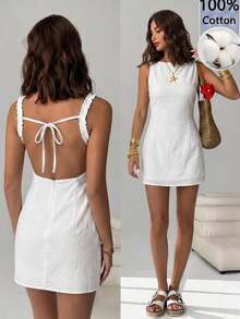 Vestido mini sin espalda y sin mangas con rayas azules tejido para mujeres - Blanco 2 - Ver 1