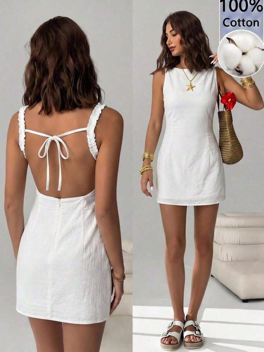 Vestido mini sin espalda y sin mangas con rayas azules tejido para mujeres - Blanco 2 - Ver 1