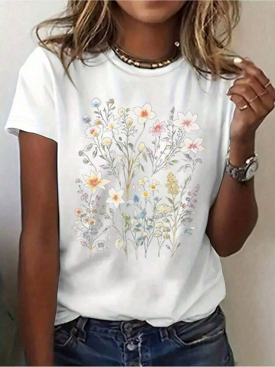 Camiseta de manga corta para mujer con diseño floral de verano y cuello redondo. Nuevas llegadas. Entrega de productos para mujeres desde almacén local. Ropa de Navidad. Regalos para Mujeres - Blanco - Ver 1