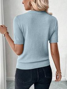 Blusa de punto de manga corta de unicolor y estilo minimalista, para uso diario - Celeste 2 - Ver 6